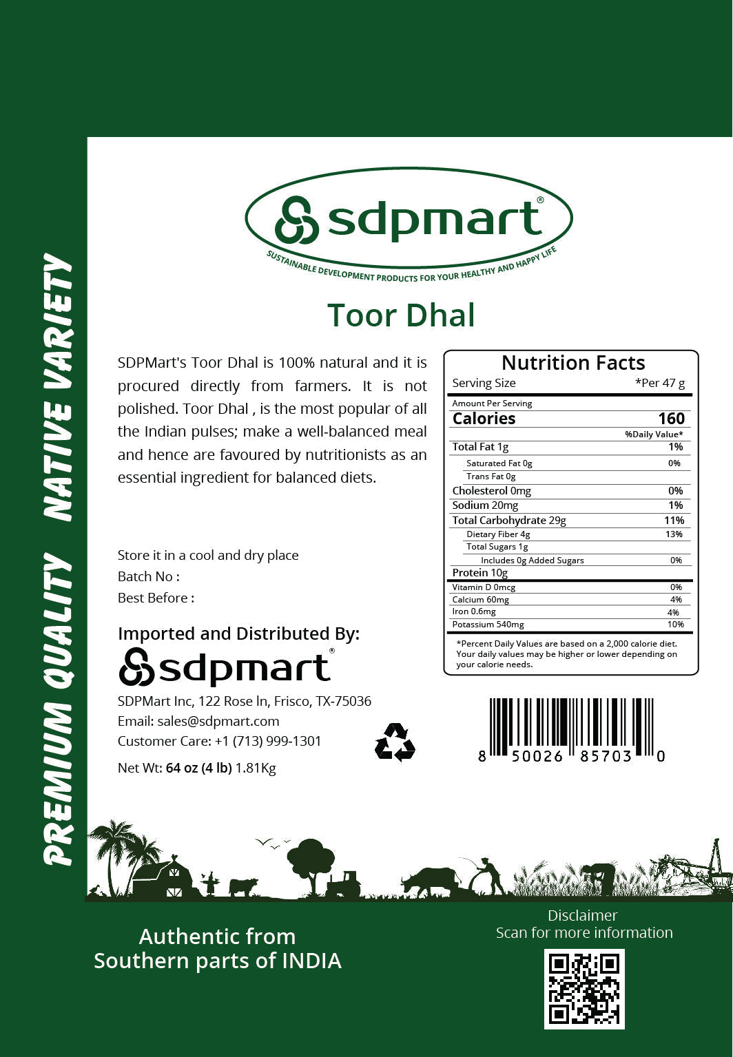 SDPMart Premium Native Toor Dhal  - 1.81 Kg (4 Lbs) - SDPMart